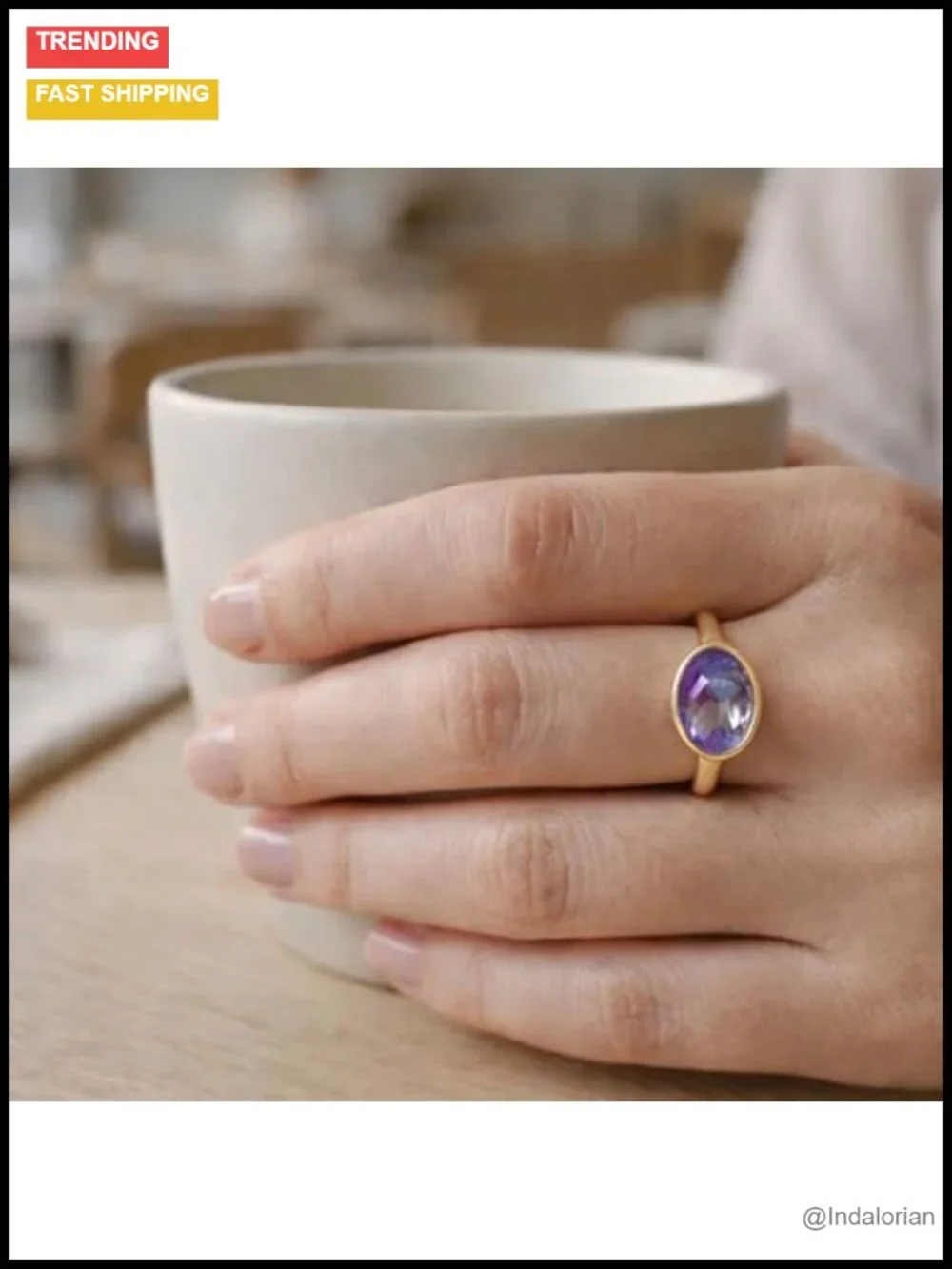Amethyst Oval Ring 8x10mm 925 Sterling Silver 3 Micron Gold Plated Bezel Set